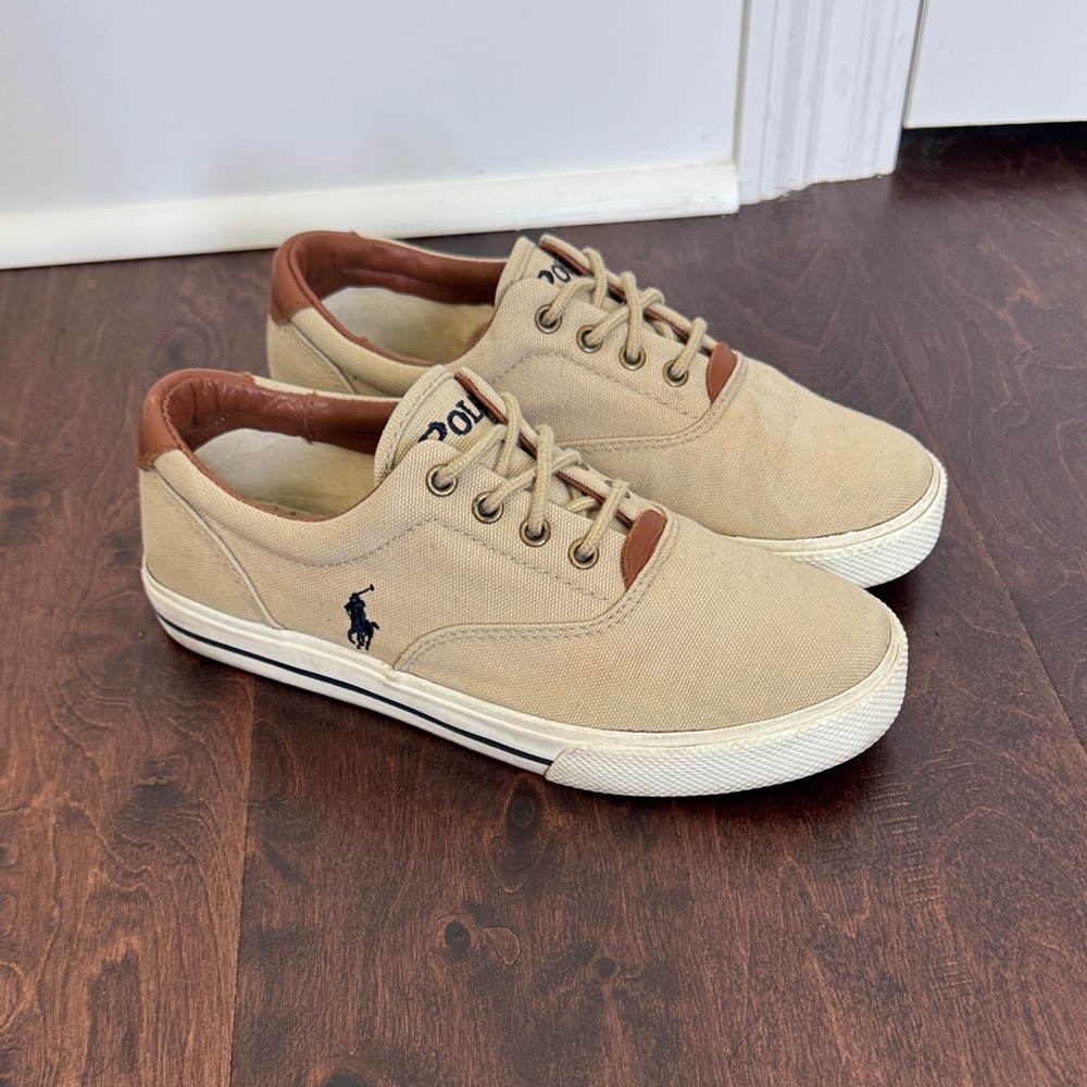 Polo by Ralph Lauren Men's Beige Canvas Sneakers Classic Style Old Money sz 5